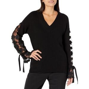 French Connection Navy V-Neck Sweater Lace Bell Sleeve Tie Top M Romantic Hobo
